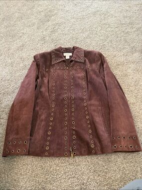 Tanner Womens Jacket burgundy suede garment accented gold-toned grommets size 12